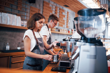 Working together. Two young cafe employees indoors. Conception of business and service