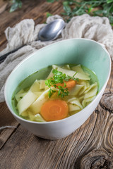 Broth - chicken soup in a bowl.