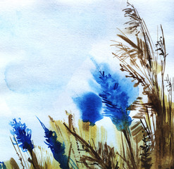 Abstract sketchy watercolor background. Stalks, ears of dry grass against a blue sky. Bright blue flowers. Natural buffy-earth colors. Eco-friendly background. Hand drawn illustration