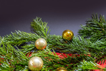 Christmas pictures, view of fir branches and Christmas decorations