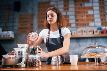 When you love your job. Young female cafe worker indoors. Conception of business and service