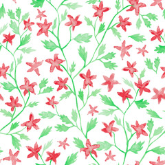 Little red flowers watercolor painting - hand drawn seamless pattern with blossom on white background