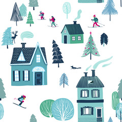Winter Seamless Pattern Of Skiing Holiday.