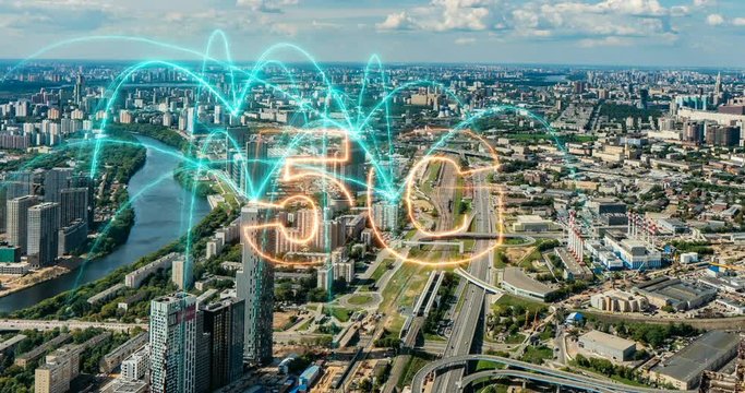 Aerial city connected through 5G. Wireless network, mobile technology concept, data communication, cloud computer, artificial intelligence, internet of things. Time lapse Moskau