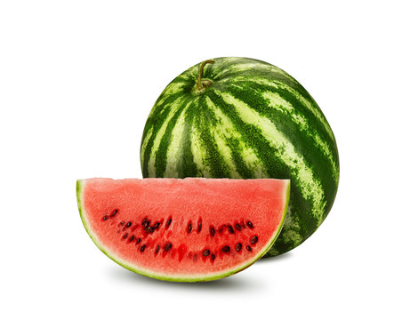 Green, striped watermelon with slice isolated on white, copy space for text, images. Cross-section. Berry with pink flesh, black seeds. Close-up.