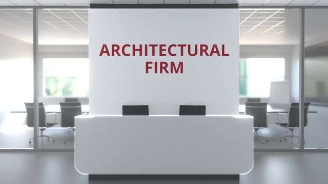 Modern office with meeting room and reception desk af an architectural firm, conceptual 3D animation