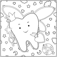 Tooth fairy. Vector cartoon illustration. Stylized tooth. Outline hand drawing vector illustration. Coloring page for the coloring book.