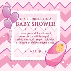 Baby shower girl, invitation card. Place for text. Greeting cards. Vector illustration.