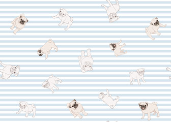 Seamless pattern, background with pug dogs. Colored and outline design. Vector illustration. On blue and white stripes background.