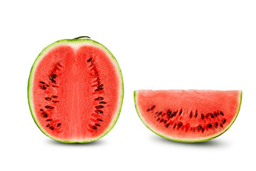 Green, striped watermelon with slice isolated on white, copy space for text, images. Cross-section. Berry with pink flesh, black seeds. Close-up.