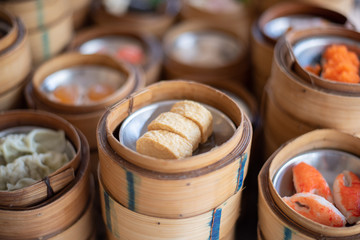 yumcha, dim sum in bamboo steamer, chinese cuisine