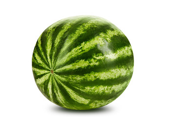 Green, striped watermelon isolated on white background with copy space for text or images. Side view. Close-up shot.