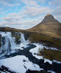 Kirkjufell Iceland Church Mountain with waterfall in winter the most famous mountain
