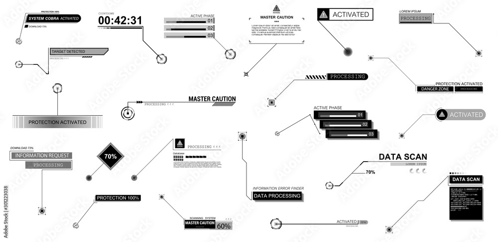 Poster Callouts titles HUD interface isolated in white background. Recolor to any color in 2 clicks. Set of technology template for modern banners of lower third for presentation. Callouts titles, info boxes
