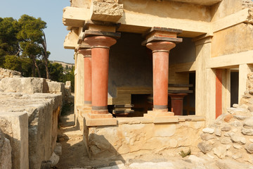 The North Entrance of the Palace with charging bull fresco in Knossos at Crete, Greece