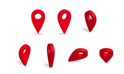 3D pointer map pin. Red location symbol set isolated on white background. GPS navigator sign marker in vector.