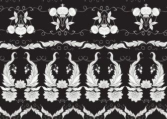 Seamless pattern with stylized ornamental flowers in retro, vintage style. Jacobin embroidery. Black-and-white graphics. Vector illustration.