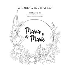 Wedding invitation with white roses and spring flowers. Outline hand drawing vector illustration.