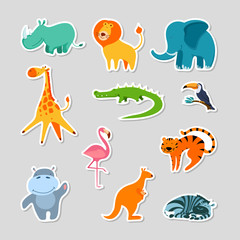 Set of stickers with cute cartoon exotic animals. Children patches collection. Flat vector illustration.