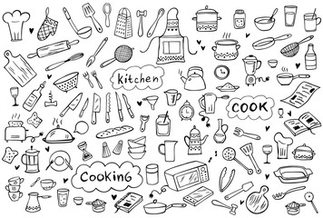 Set of doodle kitchen tools on white background. Doodle kitchen equipments. Vector illustration. Can be used for wallpaper, pattern fills, textile, web page background, surface textures.