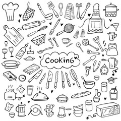 Set of doodle kitchen tools on white. Vector illustration. Perfect for wallpaper, pattern fills, textile, web page background, surface textures.