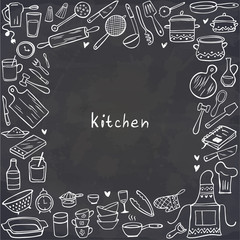 Frame from doodle kitchen tools on chalkboard. Vector illustration. Perfect for wallpaper, pattern fills, textile, web page background, surface textures.