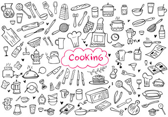 Set of doodle kitchen tools on white background. Doodle kitchen equipments. Vector illustration. Can be used for wallpaper, pattern fills, textile, web page background, surface textures.