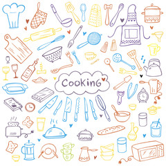 Set of color doodle kitchen tools on white background. Doodle kitchen equipments. Vector illustration. Can be used for wallpaper, pattern fills, textile, web page background, surface textures.