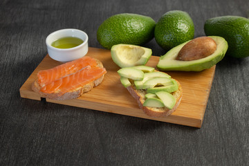 Salmon on bread slices gourmet appetizer with avocado. Fresh salmon   and avocado sandwich. Healthy food concept. Breakfast with avocado and salmon.