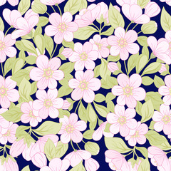 Fototapeta na wymiar Seamless pattern, background with pink cherry blossoms, apple trees, sakura. Soft spring floral background. Colored vector illustration.