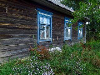 Fototapeta na wymiar An old ruined house in Eastern Europe. The house of old logs of wood