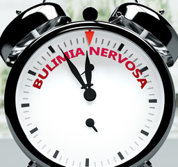 Bulimia nervosa soon, almost there, in short time - a clock symbolizes a reminder that Bulimia nervosa is near, will happen and finish quickly in a little while, 3d illustration