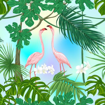 Seamless pattern, background. with tropical plants and flowers with white orchid and tropical birds on sky blue background. Colored vector illustration . © Elen Lane
