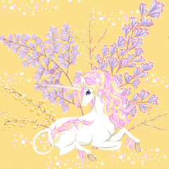 Obraz na płótnie Canvas Seamless pattern, background with unicorn and fantsatic flowers and glitter. Vector illustration. In pink and yellow colors.