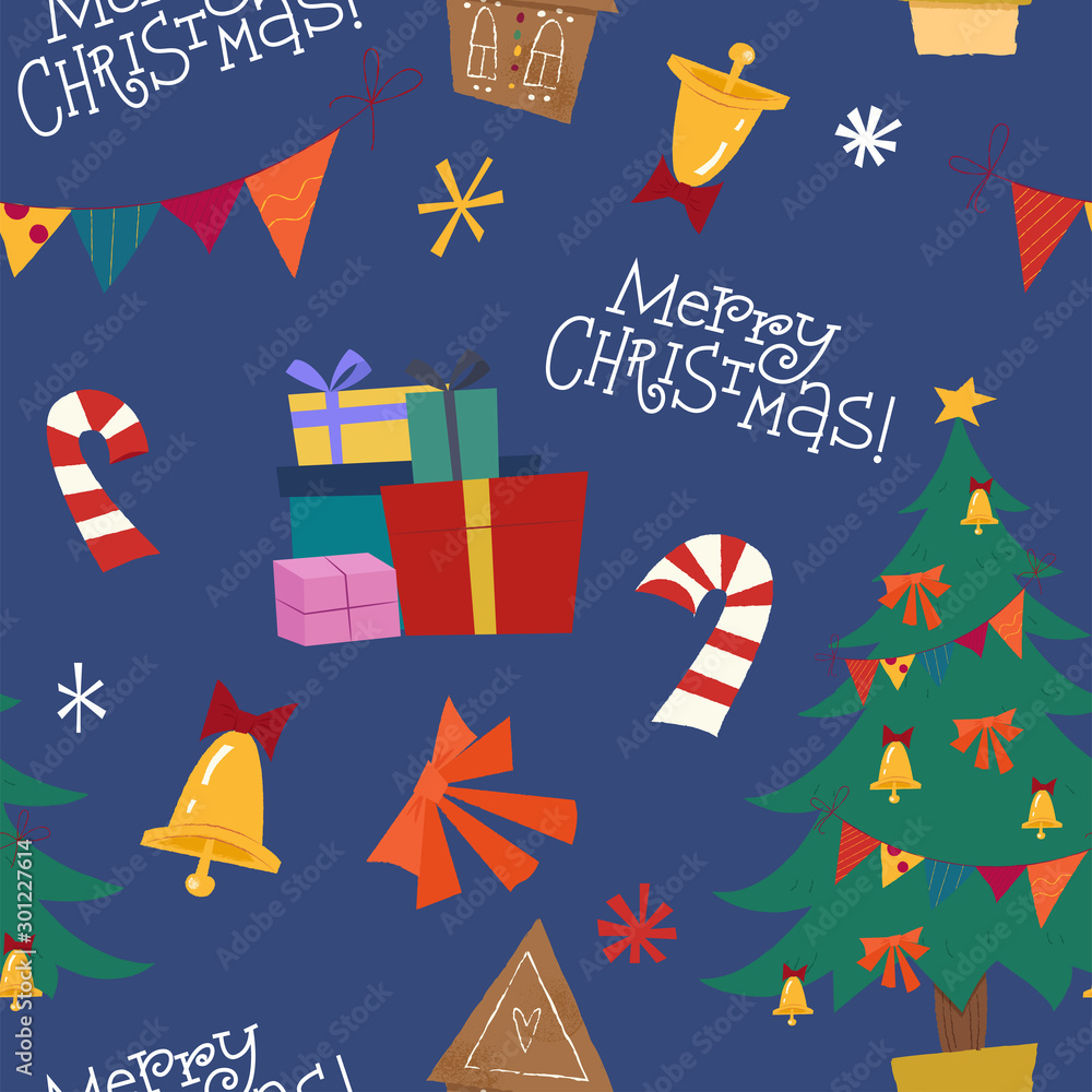 Wall mural Blue christmas pattern with balls, gift boxes, xmas tree, candies, bells, garland, and snowflakes. Background for wrapping gifts, cards, textiles.