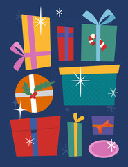 Greeting Christmas card with various gift boxes. Illustrations in mid-century style.
