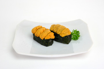 Uni sea urchin sushi japanese cuisine in ceramic plate