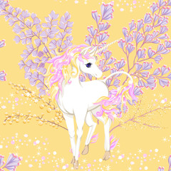 Seamless pattern, background with unicorn and fantsatic flowers and glitter. Vector illustration. In pink and yellow colors.