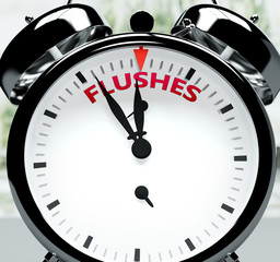 Flushes soon, almost there, in short time - a clock symbolizes a reminder that Flushes is near, will happen and finish quickly in a little while, 3d illustration