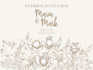Wedding invitation with roses and spring flowers. Graphic drawing, engraving style. Vector illustration. In vintage beige color.