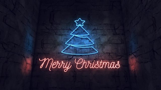 Bright neon sign with christmas tree on a drunge wall.
