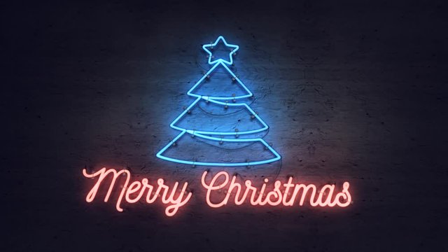 Bright neon sign with christmas tree on a drunge wall.