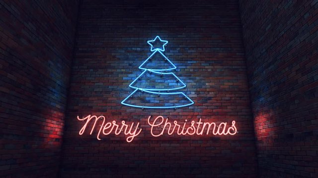 Bright neon sign with christmas tree on a brick wall.