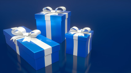 Three blue gift boxes with white ribbons, isolated on blue background. Concept for greetings card, Happy birthday celebrate and Valentine’s day. 3D rendering with blank copy space.