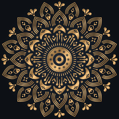 Golden flower ornament in ethnic indian style. Folk floral illustration on black