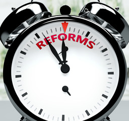Reforms soon, almost there, in short time - a clock symbolizes a reminder that Reforms is near, will happen and finish quickly in a little while, 3d illustration