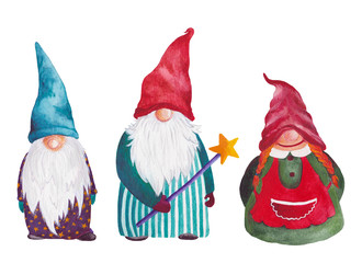 Set of christmas gnomes, leprechaun hand drawn illustration in watercolor. Part of collection.