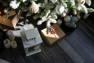 Beautiful Christmas tree with festive decor on dark background. Space for text