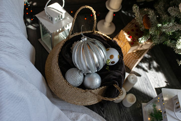 Beautiful Christmas tree with festive decor on dark background. Space for text