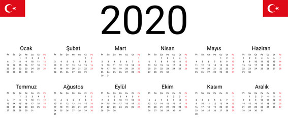 Turkey 2020 calendar. Vector design template start from monday. All months for wall calendar